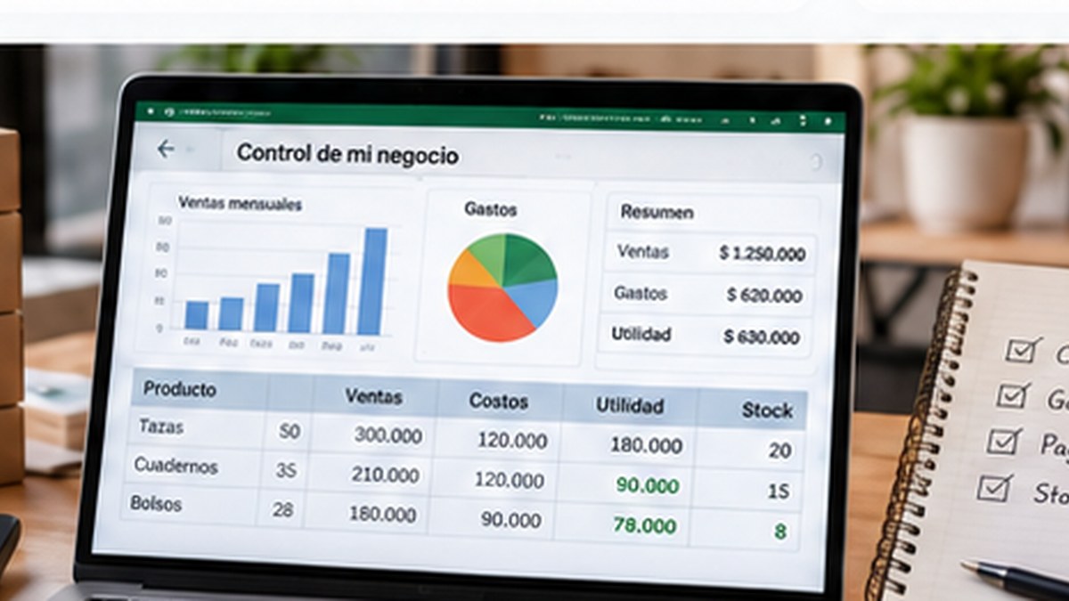 Notebook con planillas de ventas, costos, pagos y stock para gestionar un emprendimiento