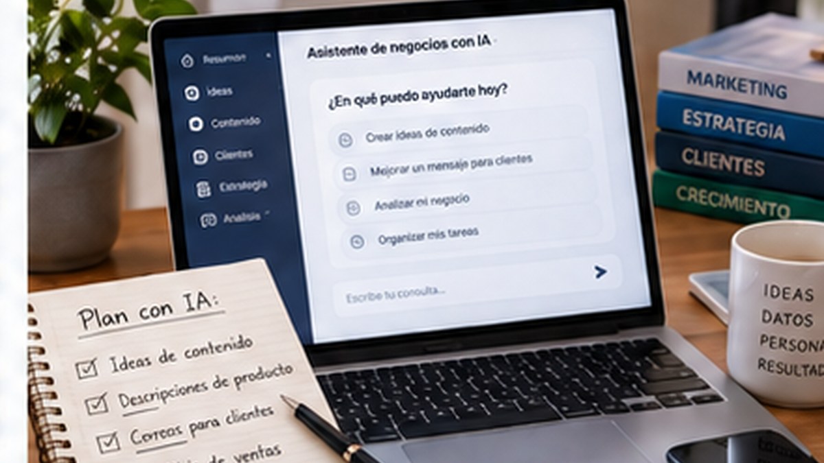 Notebook y cuaderno con aplicaciones de inteligencia artificial para un emprendimiento